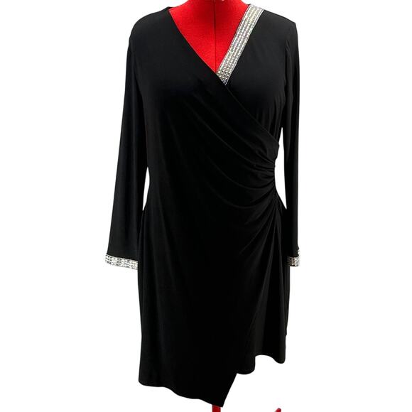 MSK Black Rhinestone Asymmetrical Hem Cocktail Evening Long Sleeve Wrap Dress XL - Picture 1 of 8